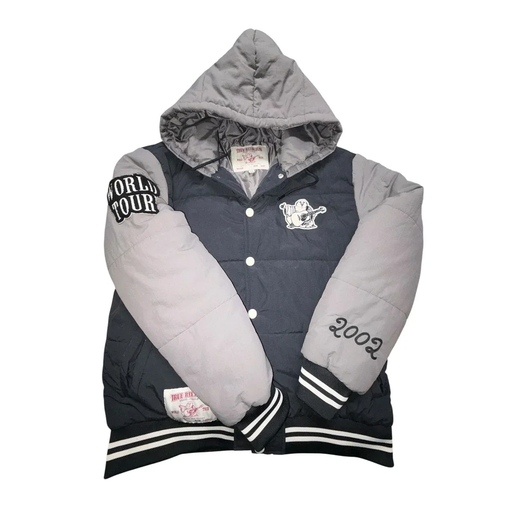 True Religion World Tour Puffer Varsity Jacket Hooded Navy Grey Mens Y2K XL‎